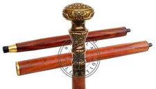 Antique Brass Walking Stick Solid Brass Knob Head Handle Wooden Walking Cane