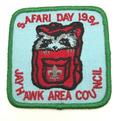 Boy Scouts 1991 Safari Day Jayhawk Area Council Patch Raccoon in BSA Backpack
