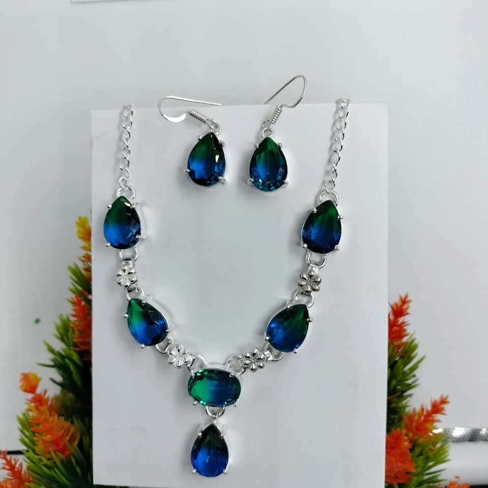 Bi Color Tourmaline Quartz Gemstone Silver Plated Earrings Necklace Jewelry Set - Image 3 of 3