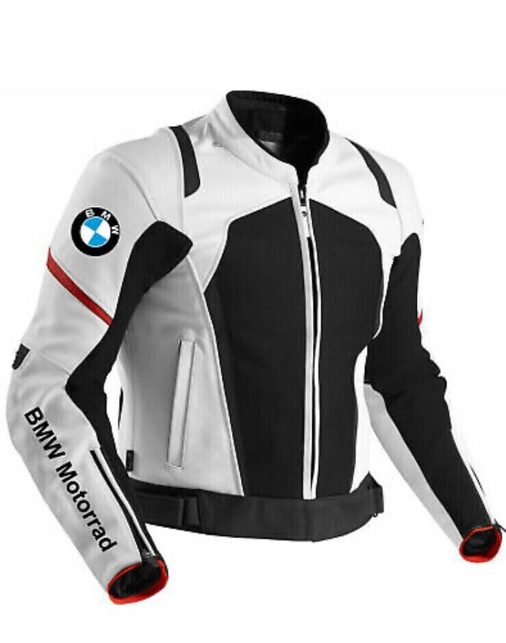 New Men BMW Motorrad White Motorcycles Racing Leather Jacket With Armor Padding
