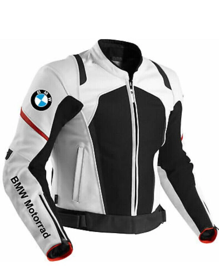 New Men BMW Motorrad White Motorcycles Racing Leather Jacket With Armor Padding