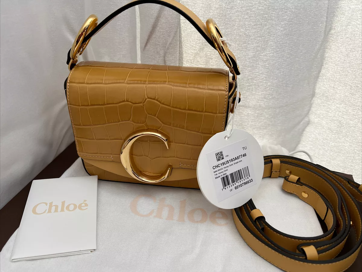 Brand New Chloe Mini C bag in honey Gold, Crocodile Embossed Leather