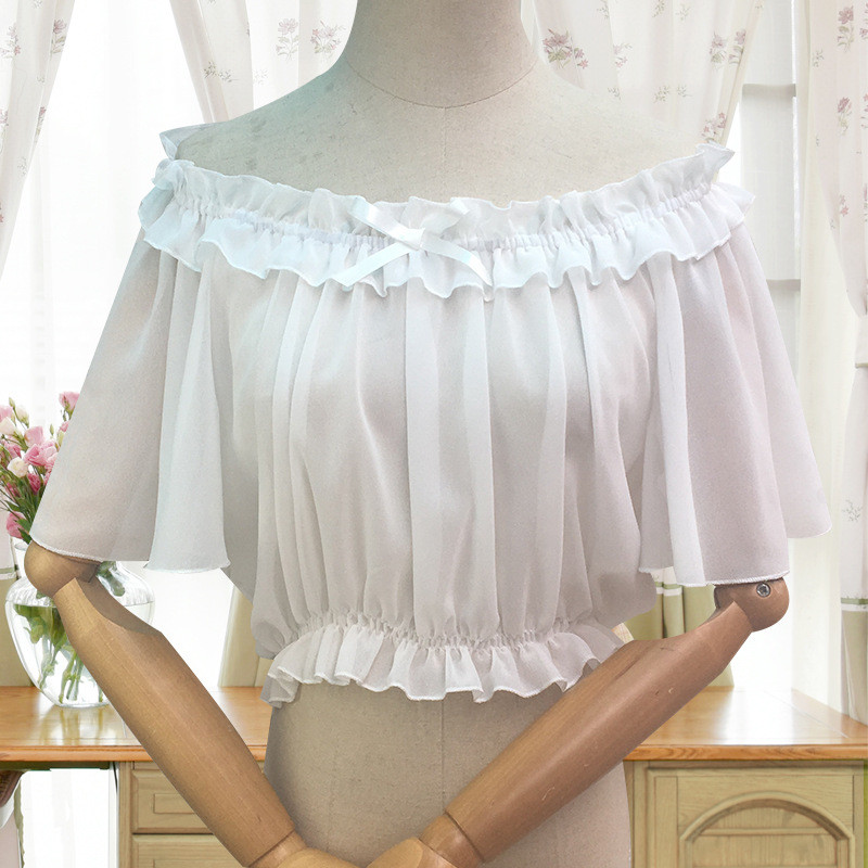 ALTRA Camicia donna ragazza volant Lolita top chiffon blusa plissettata manica corta svasata