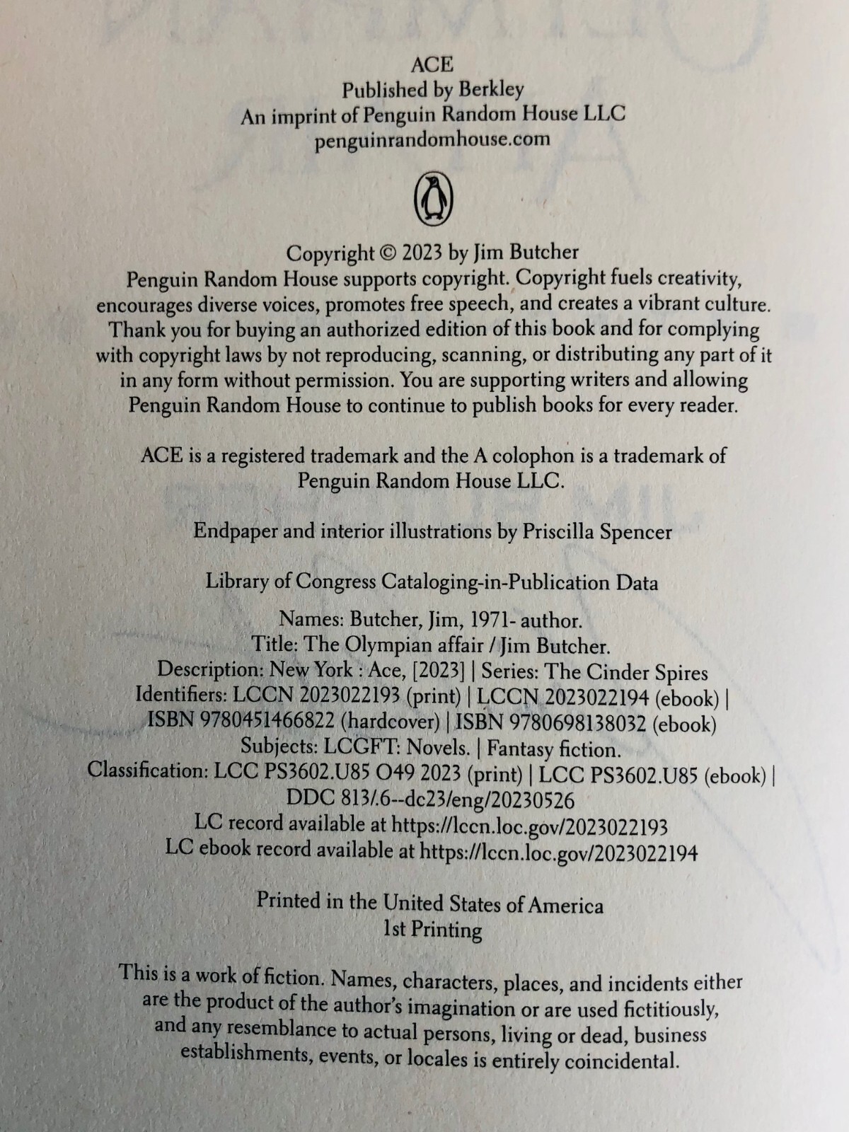 SIGNED The Olympian Affair (Cinder Spires 2) by Jim Butcher 1/1 HC