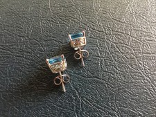 14K WHITE GOLD 8MM CUSHION CUT SWISS BLUE TOPAZ STUD EARRINGS FROM COSTCO 3.3 GR