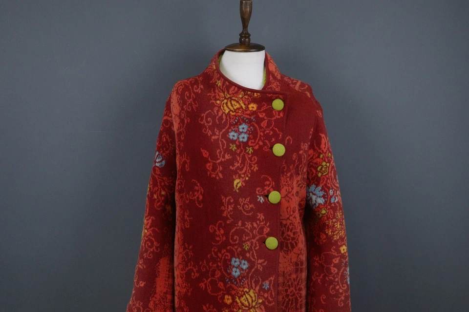 Chaqueta gabardina IVKO roja floral 100 % lana de cordero manga larga botón frontal talla M Foto 2 de 4