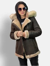 BROWN REAL SHEEPSKIN SHEARLING LEATHER REAL FOX ON HOOD COAT JACKET BELT XS-6XL