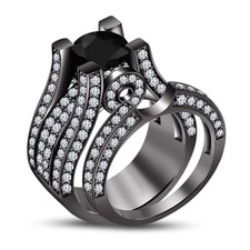 2 CT Round Cut Lab Created Diamond Bridal Wedding Ring Set 14K Black Gold Over