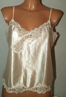 Satin Glanz Nylon Negligee - Hemdchen Top champagner Spitzenpasse seidenweich S