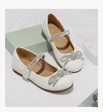 Girl's Bow Mary Jane Dress Shoes Flats with Rhinestone Strap Size 1 Big Kid