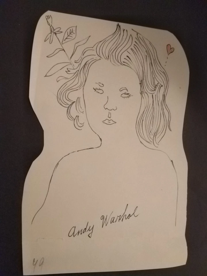 Lápiz de dibujo a mano original para niñas Andy Warhol lápiz de tinta negra y papel firmado Foto 2 de 4