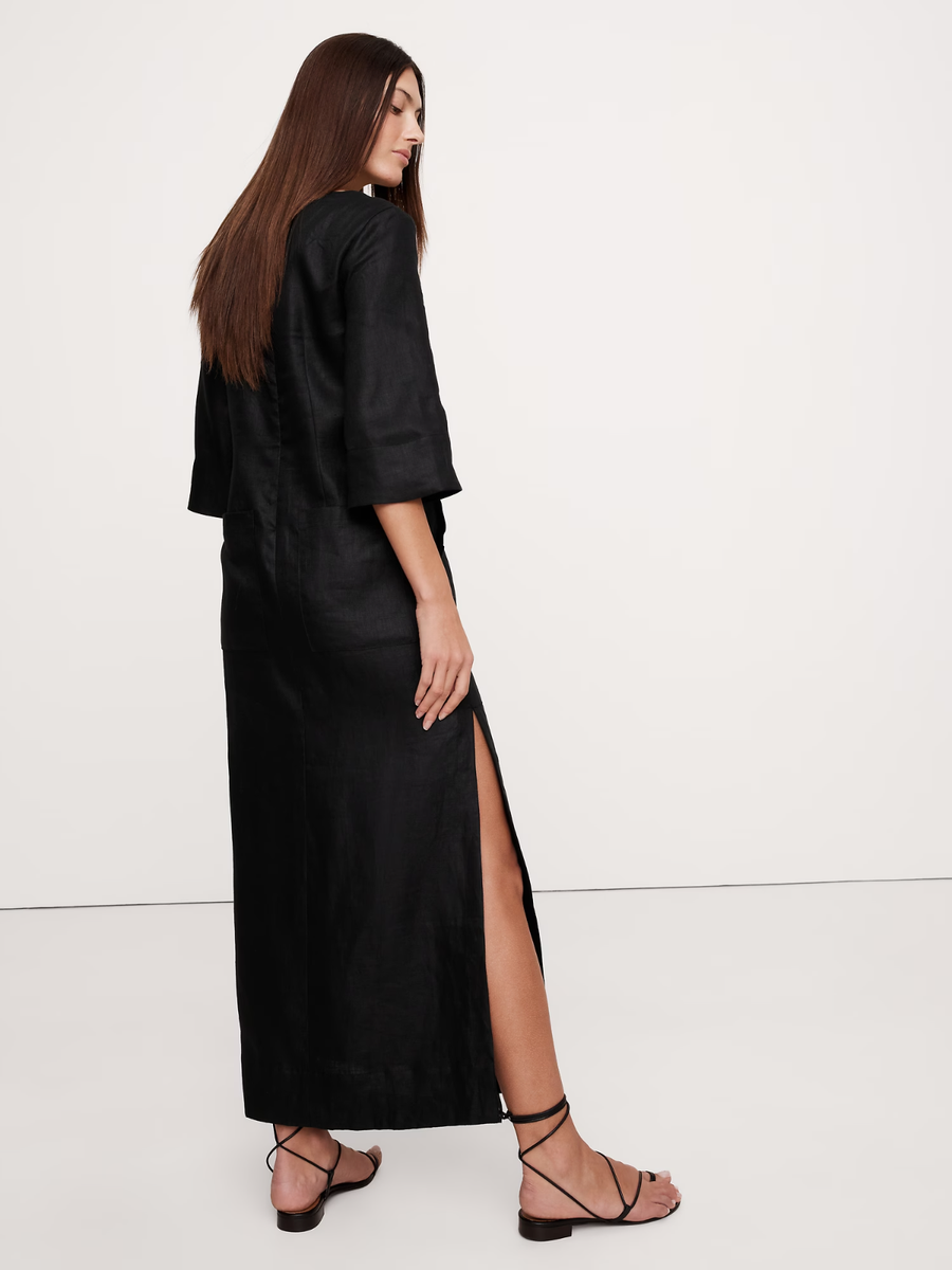 Banana Republic XXS Linen Scoop-Neck Maxi Dress Black #743560 RT