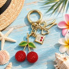 Cherry Rhinestone Bag Charm Keychain Gold Tone Bow Cherry Purse Accessory