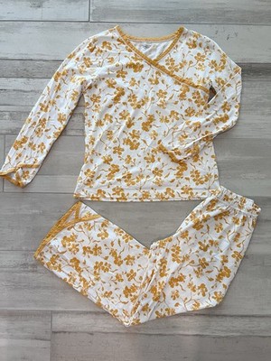 GARNET HILL Green Cotton Asian Wrap Pajama SET (S) Yellow Floral Cottagecore