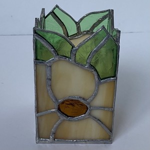 Stained Glass Candle Holder 5” Tall Sunflower Floral Yellow Mirror Bottom Votive