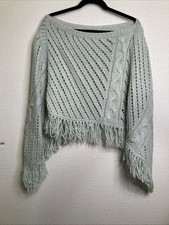 Vintage Crochet Cable Knit Poncho Shawl Fringe Handmade Boho Granny