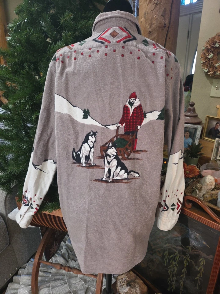 Винтажная фланелевая зимняя рубашка Polo Ralph Lauren на собачьих упряжках из замши 90-е L США - Изображение 3 из 4