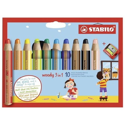 Stabilo Woody 3 In 1 Super Jumbo Pencils Wallet of 10 Assorted plus Sharpener