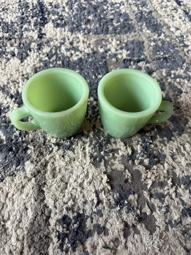 A Pair of Vintage Fire King Jadeite D-Handle Coffee Mugs Anchor Hocking