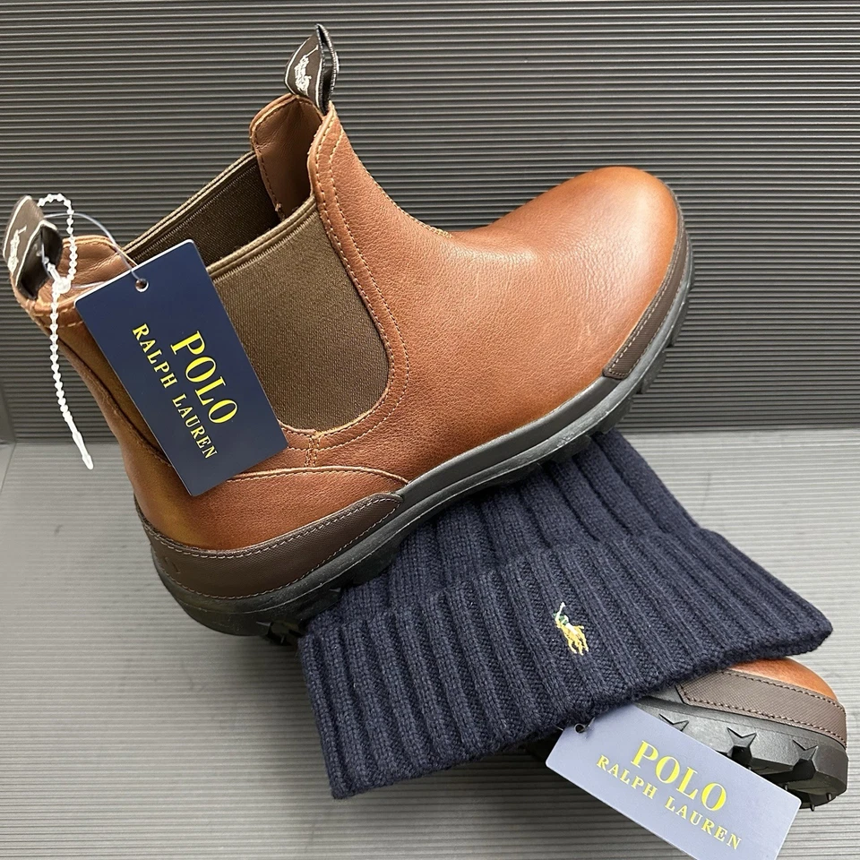 Polo Ralph Lauren Hombres Oslo Chelsea Botas Talla 10.5D Marrón + Azul Marino Gorro Sombrero Paquete Foto 2 de 4