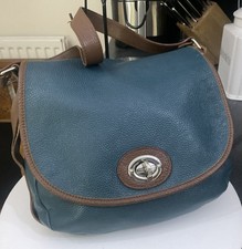 Borsa a mano vintage LCredi Credi in pelle marrone e blu verde acqua bordo argento