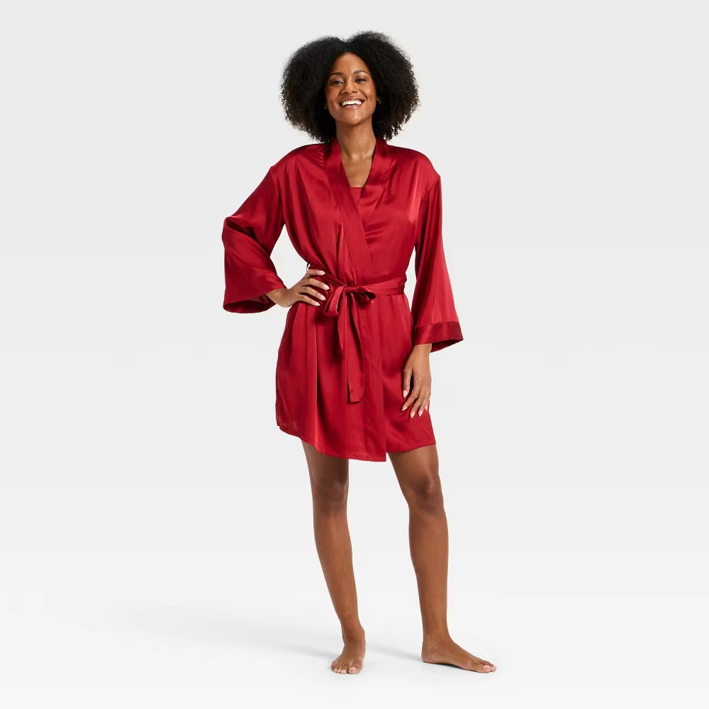 open lace back dress Ruby Red Satin Robe with Lace Accented Cuff