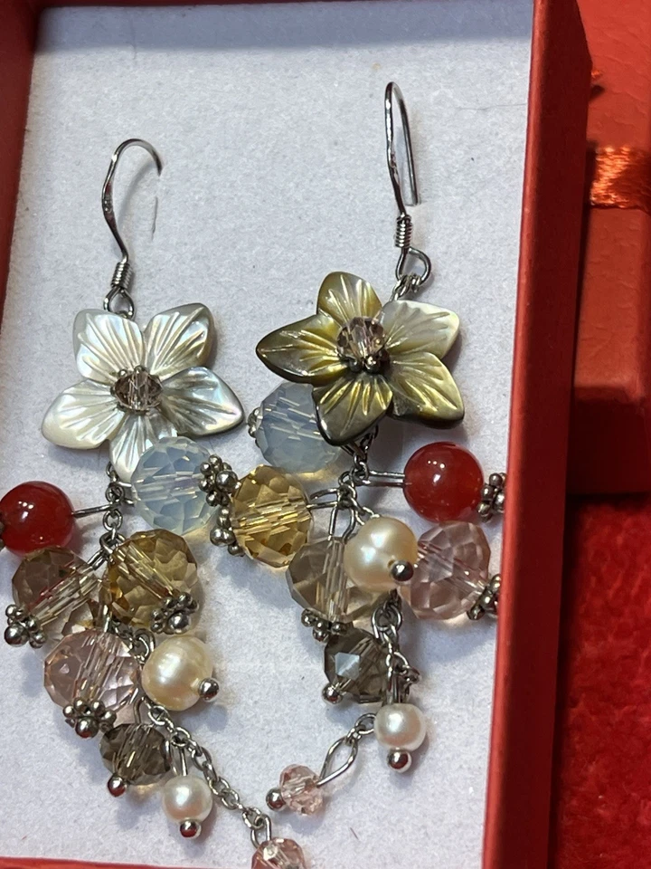 Pendientes colgantes de plata de ley 925 de colección concha flor, cornalina, perlas y cuentas de vidrio Foto 2 de 4