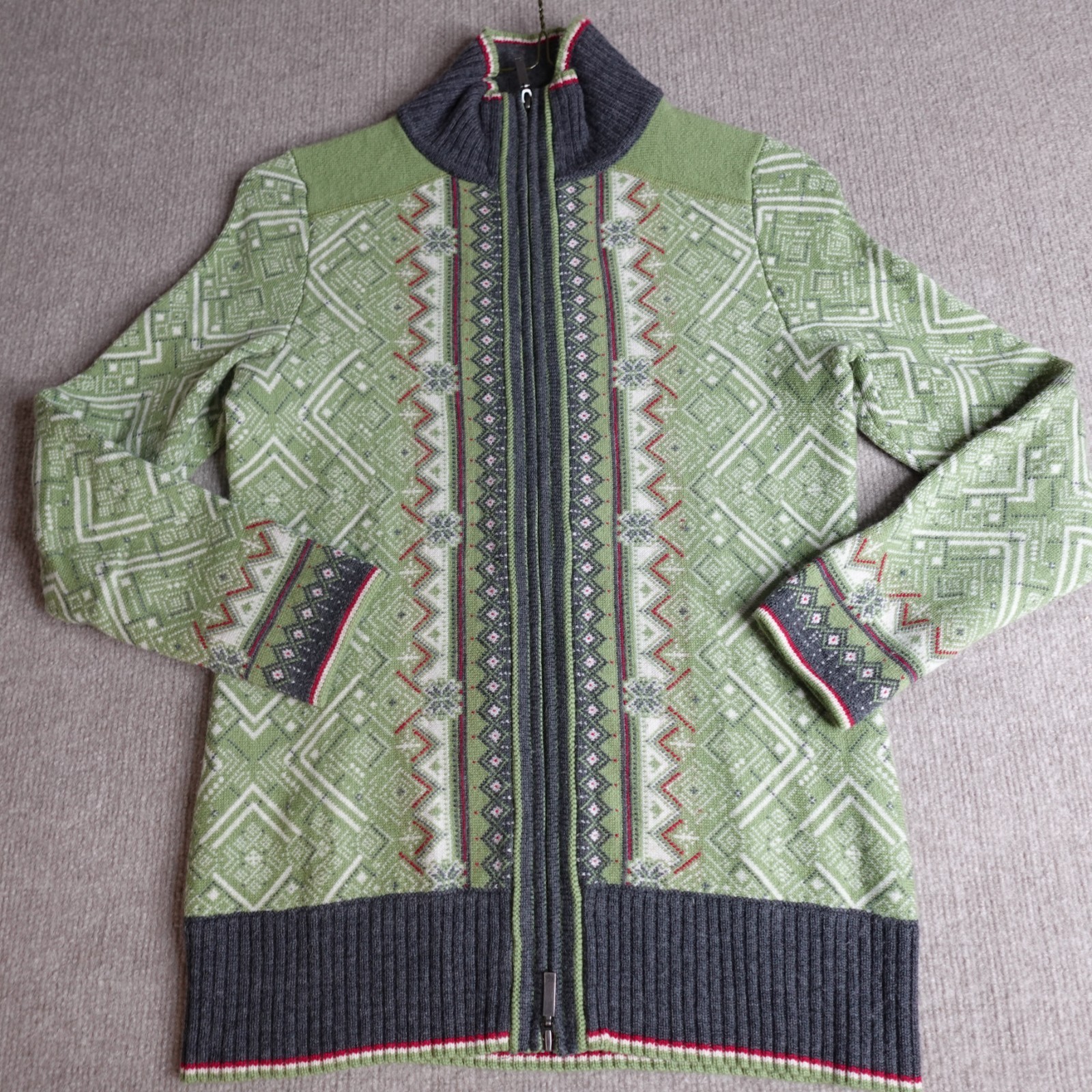 Eddie Bauer Sweater Medium Green Fair Isle Long Sleeve Full Zip 100% Merino