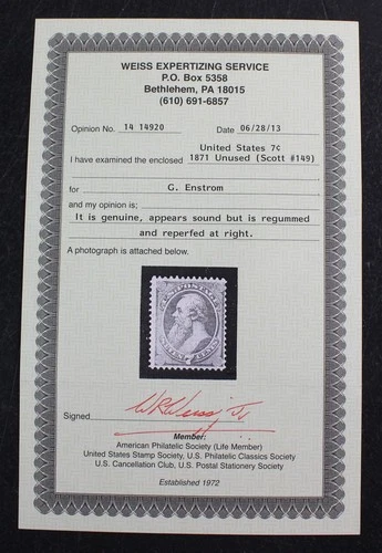 CKStamps: US Stamps Collection Scott#149 7c Unused Regum Cert