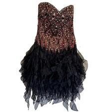 Y2K Vintage Sherri Hill Prom Dress Strapless Beaded Black Red Ruffles Cocktail