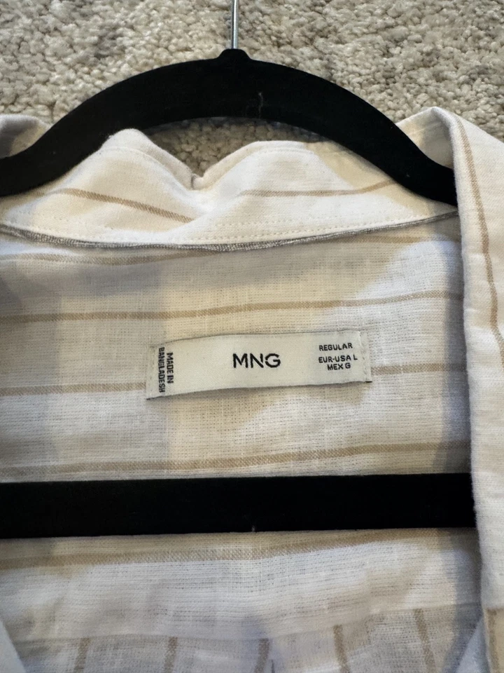 Mango, Men's, Linen Button Down Large Long Sleeve Classic - White & Brown - Image 2 of 2