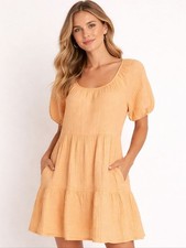 Old Navy Peach Peasant Dress Gauzy Tiered Puff Sleeves Elastic Neck Sz XL Boho
