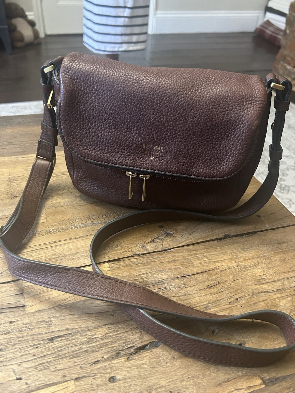 Fossil Preston Small Flap Crossbody Bag Espresso Brown Pebbled Leather Handbag image 9