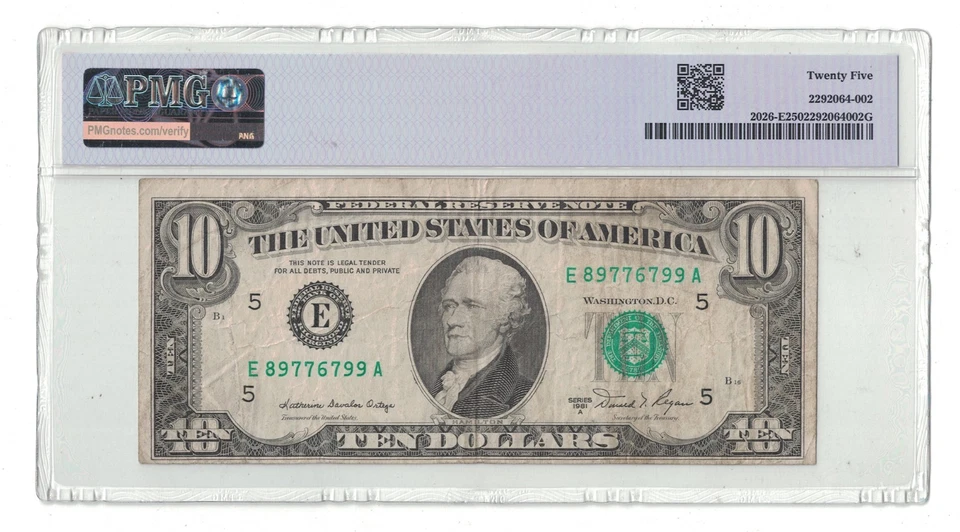 U.S. - 1981 $10.00 Federal Reserve Note Ink Smear Error - PMG VF 25 - Image 2 of 2