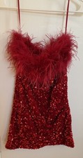  Prettylittlething Women's Red Feather Trim Bandeau Sequin Bodycon Dress Small 4