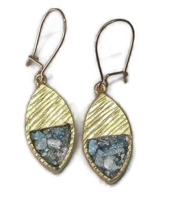 Roman Glass  Earrings 18K Gold Plated Authentic Ancient Fragments 200 BC Isral. 