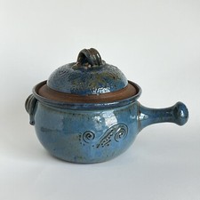 Art Pottery Blue Casserole With Lid Stick Handle Glazed Swirls Whimsical Signed
