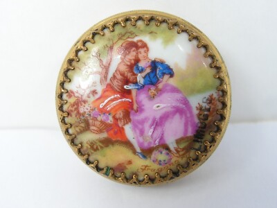 VINTAGE LIMOGES FRANKREICH HANDBEMALT ZWEI LIEBHABER UND VERGOLDETE METALL PORZELLAN PILLENDOSE