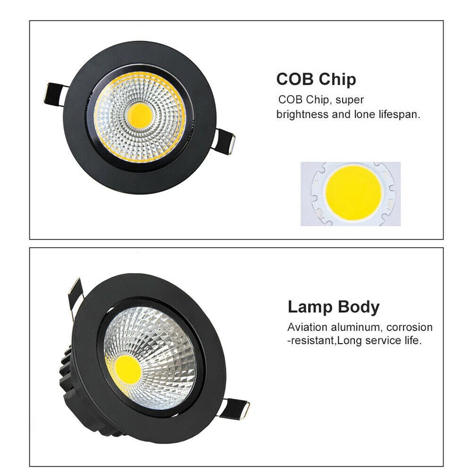 LED Recessed Ceiling Light Lamp COB Spotlight Downlight 7W 9W 12W 15W 20W Black - Image 3 of 4