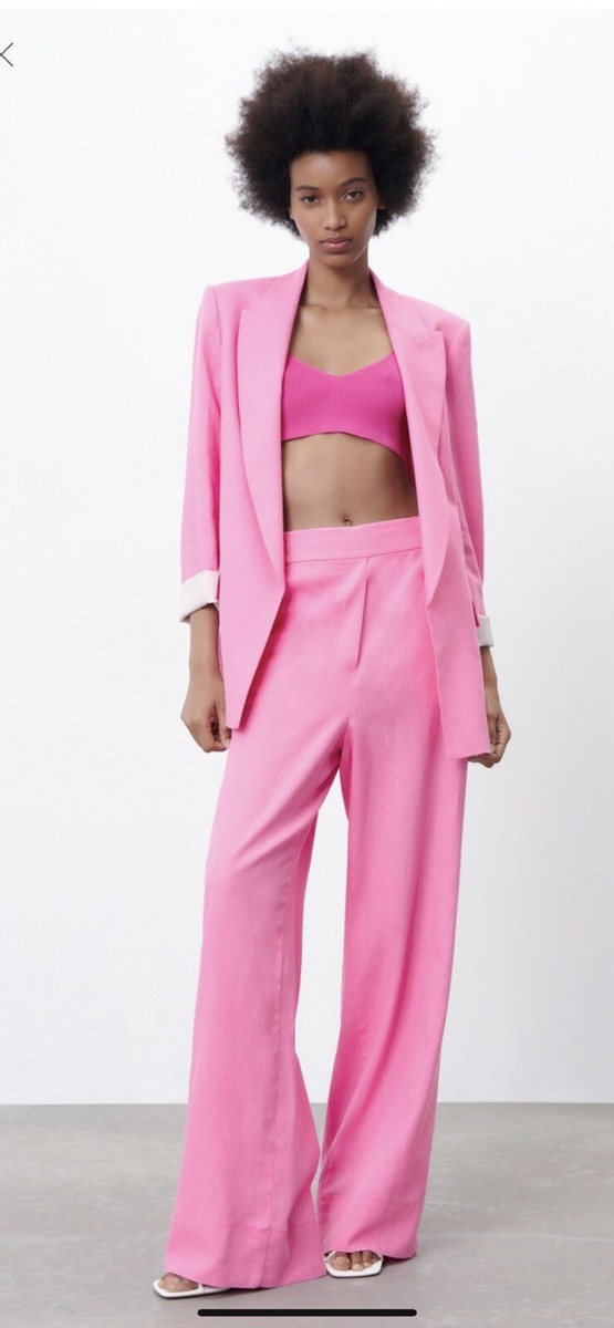 Zaki出品 100% Authentic ZARA Candy Pink Printed Cuff Linen Blend