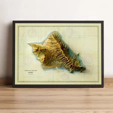 Oahu Map, Oahu Island 2D Relief Map, Oahu Vintage Map - 2D Flat Print