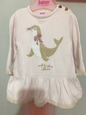 Baby Girls Designer Ted Baker Pink Knitted Style Sea Lion Dress - Main Image