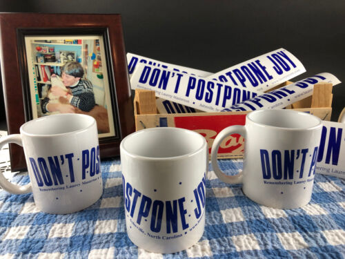 FOUR Don't Postpone Joy Mugs + 4 bumper stickers Laurey Masterton coffee tea cup - Picture 1 of 7