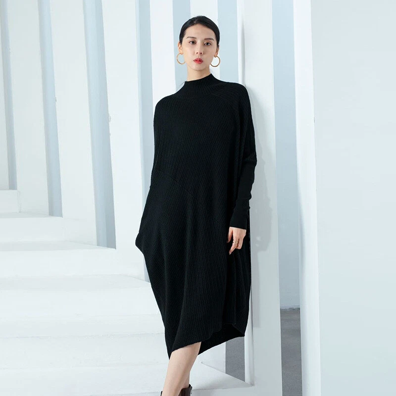 Vestido suéter tejido manga larga holgado para mujer falda línea A lana cachemir Foto 3 de 4