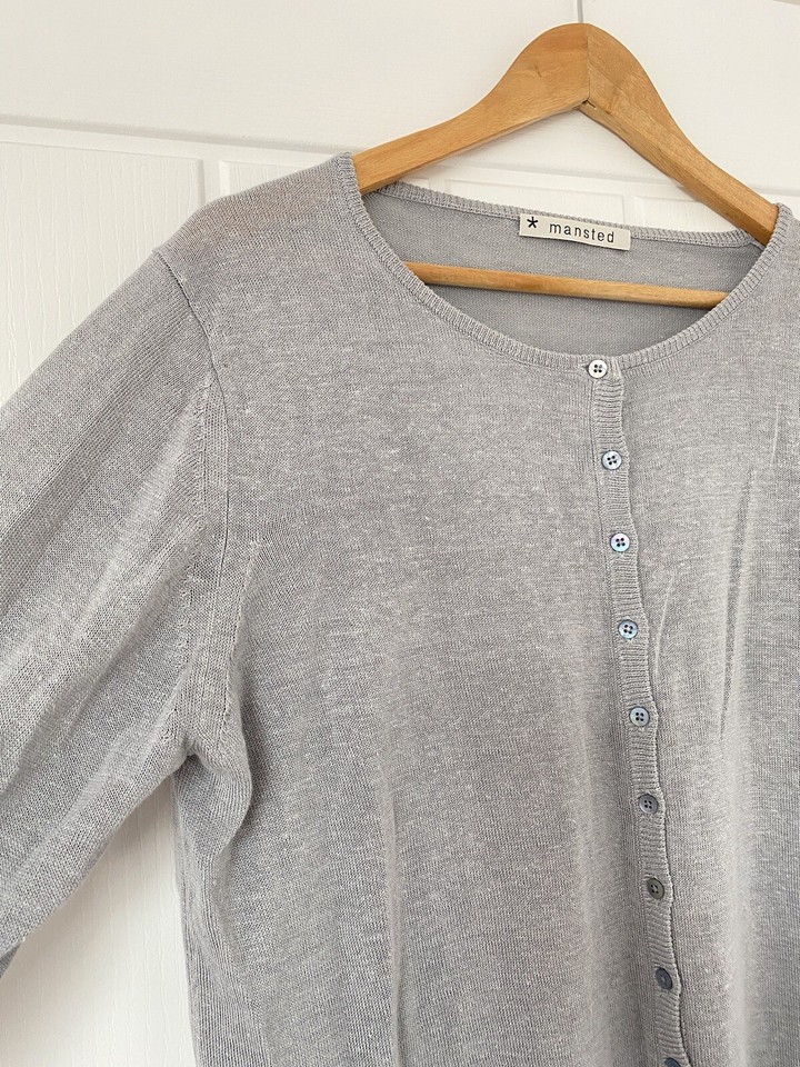 Mansted Grey Blue Hemp Linen Button Up Cardigan Jumper Sweater XL