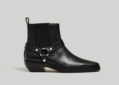 Madewell The Santiago Western Ankle Boot Harness Black Leather Square Toe 8.5