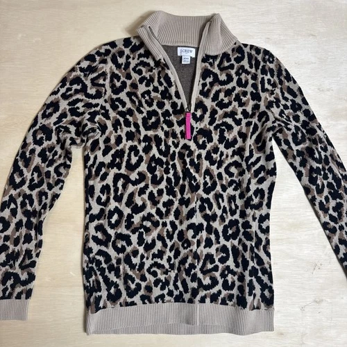 J.Crew Cheetah/Leopard Print Hot Pink 1/4 Zip Sweater Womens XXS Long Sleeve