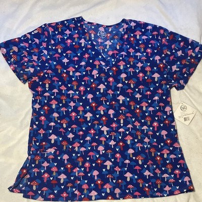 Divine Stretch Unisex Medical Scrub Top 2X Blue Mushroom/Heart Print Poly/Span