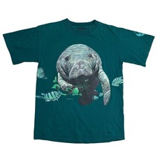 Vintage 90s Habitat Manatee Wrap Around Graphic T-Shirt M Made in USA Ocean 1995