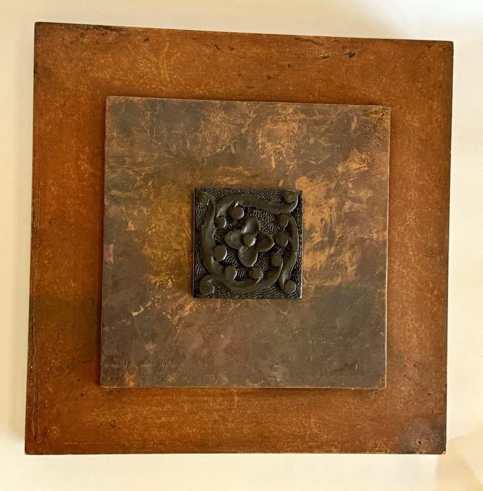 Wood & Metal Wall Art Set of 2 | Copper Bronze Square Panels | 12” India Décor - Image 2 of 4